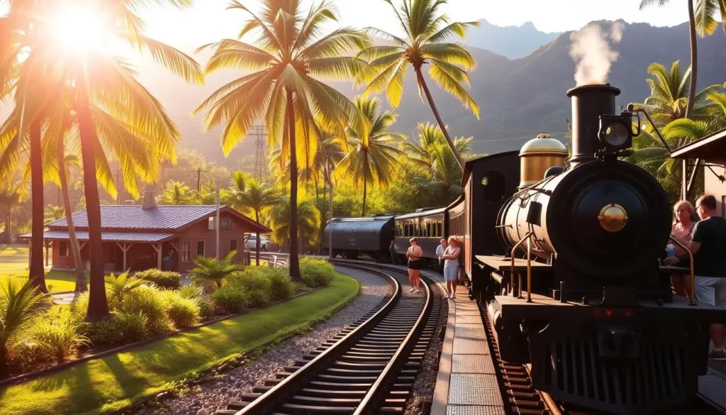 A picturesque scene of the Kauai Plantation Railway, nestled amidst lush greenery and surrounded by rolling hills. Sunlight filters through the tall palm trees, casting warm shadows across the well-maintained tracks. In the foreground, a vintage locomotive stands ready to depart, its brass fittings gleaming. Passengers await excitedly on the platform, eager to embark on a journey through the island's historical landscapes. The scene exudes a sense of tranquility and timeless charm, inviting visitors to immerse themselves in the rich heritage of Kauai's agricultural past.