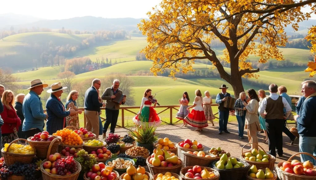 A picturesque scene of the Loire Valley's autumn harvest celebrations. In the foreground, local villagers gather around a bountiful display of freshly picked grapes, apples, and pears, baskets overflowing with the season's vibrant bounty. In the middle ground, a lively dance performance unfolds, colorful traditional costumes swirling as musicians play lively tunes on fiddles and accordions. In the background, the rolling green hills of the Loire Valley provide a serene pastoral backdrop, sunlight filtering through the golden leaves of ancient oak trees. The atmosphere is one of joyous community and gratitude for the year's abundant harvest.