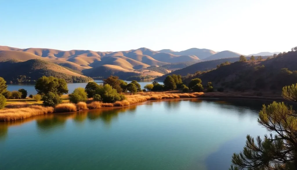 A picturesque scene of the Lower Crystal Springs Reservoir in California, showcasing its serene waters surrounded by lush, rolling hills. Capture the tranquil atmosphere with warm, golden sunlight casting a soft glow over the landscape. In the foreground, crystal-clear waters reflect the surrounding natural beauty, while in the middle ground, verdant trees and shrubs line the shoreline. In the distance, undulating hills create a serene, pastoral backdrop. The overall mood is one of peace and tranquility, inviting the viewer to immerse themselves in the beauty of this stunning outdoor oasis.