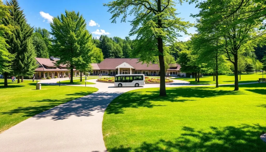 A picturesque scene of the Natur- und Tierpark Goldingen in Switzerland on a sunny day. A well-maintained paved path leads visitors through the lush greenery, lined with tall trees providing ample shade. In the middle ground, a small electric shuttle bus transports guests between the various exhibits and attractions. In the background, the distinct architecture of the park's main entrance and visitor center can be seen, blending seamlessly with the natural surroundings. The warm, inviting atmosphere encourages exploration and discovery of the diverse wildlife and stunning natural landscapes that make this park a must-visit destination.