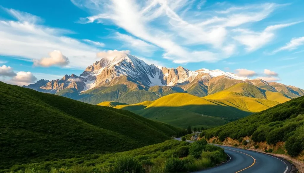 A picturesque scene of the North Coast Ranges in California on a pleasant day. In the foreground, a winding country road meanders through lush, rolling hills blanketed in vibrant green vegetation. Towering, snow-capped peaks rise majestically in the middle ground, their granite faces catching the warm, golden light of the sun. Wispy, cumulus clouds drift across a bright, azure sky, casting soft shadows over the rugged terrain. The overall atmosphere is one of tranquility and natural beauty, inviting the viewer to explore the serene landscapes of this captivating region.