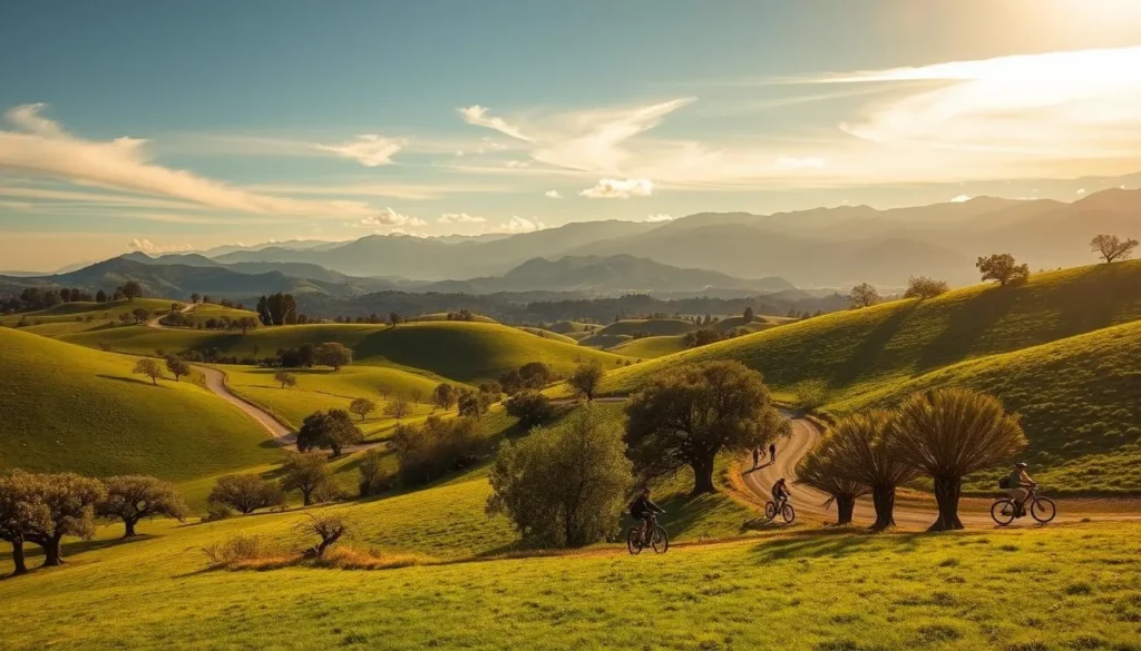 A picturesque scene of the Sierra Foothills on a sun-dappled day. Rolling green hills dotted with oak trees in the foreground, with the distant mountains rising majestically in the background. A winding dirt road leads through the landscape, inviting exploration. Hikers and cyclists enjoy the mild weather, taking in the scenic vistas. Warm, golden light filters through wispy clouds, casting a serene, idyllic atmosphere over the entire vista. Capture the essence of this weather-perfect region, where nature and outdoor recreation thrive.