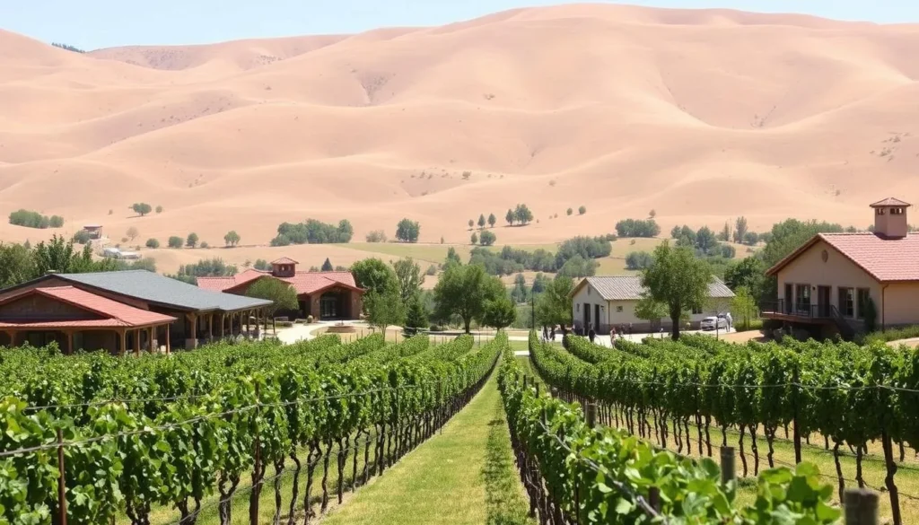 A picturesque scene of the Temecula Valley's renowned wineries on a warm, sunny day. In the foreground, lush vineyards stretch out, their vines heavy with ripe grapes. Rustic, charming winery buildings dot the landscape, their tasting rooms and patios inviting visitors to relax and savor the local wines. In the middle ground, families and pet-owners stroll between the wineries, enjoying the tranquil atmosphere and the stunning views of the surrounding hills. The background is dominated by the rolling, golden hills characteristic of the Temecula region, creating a serene and idyllic setting for this family-friendly, pet-friendly winery experience.