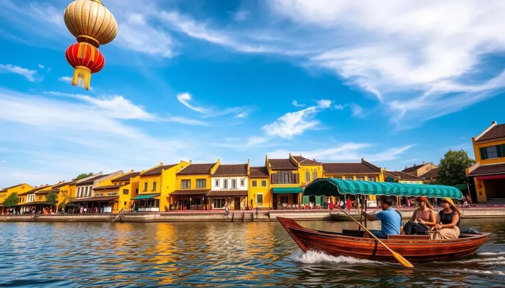 A picturesque scene of the UNESCO World Heritage Site of Hội An, Vietnam. The historic town's iconic yellow-ochre buildings line the banks of the tranquil Thu Bồn River, their reflections rippling in the calm waters. Vibrant lanterns sway gently in the soft breeze, casting a warm glow over the quaint streets. In the foreground, a traditional wooden boat gracefully glides past, its occupants taking in the serene atmosphere. The sky above is a brilliant blue, with wispy clouds drifting overhead. The scene is bathed in the warm, golden light of a sun-dappled afternoon, capturing the timeless charm and allure of this picturesque Vietnamese destination.