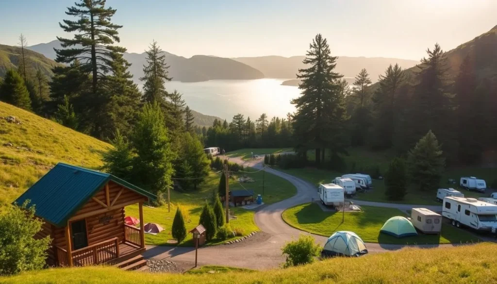A picturesque scene of the West Point Reservoir's accommodations, nestled amidst rolling hills and lush greenery. In the foreground, a cozy cabin with a welcoming porch, its wood-paneled exterior blending seamlessly with the natural surroundings. Nearby, a cluster of tents and RVs dot the landscape, offering a range of lodging options for visitors. The middle ground features a winding path leading towards the glistening waters of the reservoir, its surface reflecting the warm, golden hues of the afternoon sun. In the background, towering pine trees sway gently, creating a serene and tranquil atmosphere. The overall scene exudes a sense of rustic charm and outdoor adventure, inviting travelers to immerse themselves in the natural beauty of the West Point Reservoir area.