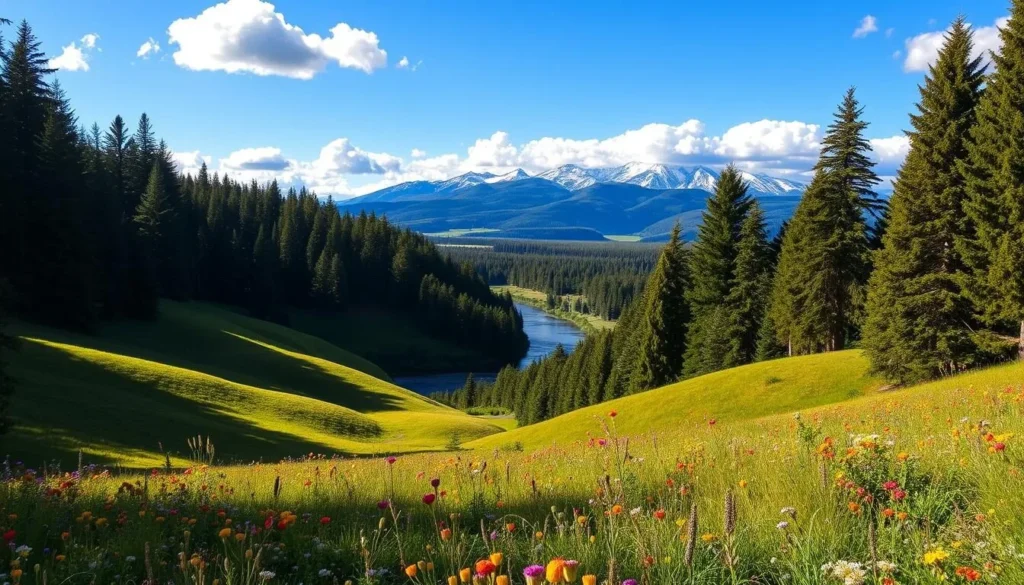 A picturesque scene of the Willamette Valley, Oregon on a warm, sunny day. Rolling green hills dotted with vibrant wildflowers in the foreground, framed by towering evergreen trees. In the middle ground, a winding river reflects the clear blue sky and fluffy white clouds above. In the distance, the majestic snow-capped peaks of the Cascade Range rise majestically. Soft, golden sunlight filters through the trees, casting a serene, tranquil atmosphere over the entire landscape. Capture the natural beauty and pleasant weather that makes the Willamette Valley an ideal destination for a weather-savvy trip.