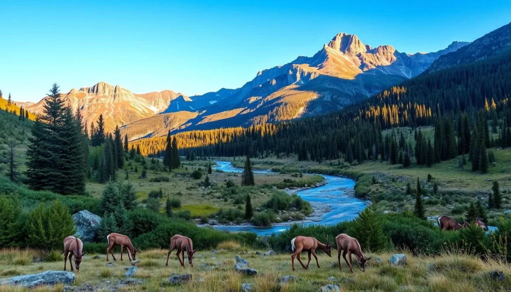 A picturesque scene of the Yolla Bolly-Middle Eel Wilderness in California, with lush greenery, towering peaks, and abundant wildlife. In the foreground, a herd of deer grazes peacefully, their delicate movements captured by a high-resolution camera lens. The middle ground features a clear, winding stream, its waters reflecting the azure sky above. In the background, majestic mountains rise, their rugged beauty accentuated by the warm, golden hues of the afternoon sun. The entire scene is imbued with a sense of tranquility and awe, inviting the viewer to immerse themselves in the breathtaking natural wonder of this protected wilderness area.