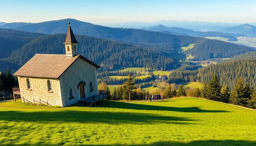 A picturesque scene of the historical landmarks and cultural heritage sites within the stunning Parc Ela in Switzerland. In the foreground, an ancient stone chapel stands tall, its weathered walls and steeple casting soft shadows across the lush, verdant meadow. In the middle ground, a group of hikers explore the well-maintained trails, taking in the breathtaking vistas of the rolling hills and distant snow-capped peaks. The background is filled with a tapestry of dense, verdant forests, their canopies dappled with warm, golden sunlight filtering through. The overall atmosphere is one of tranquility, history, and appreciation for the natural beauty that surrounds these culturally significant landmarks.