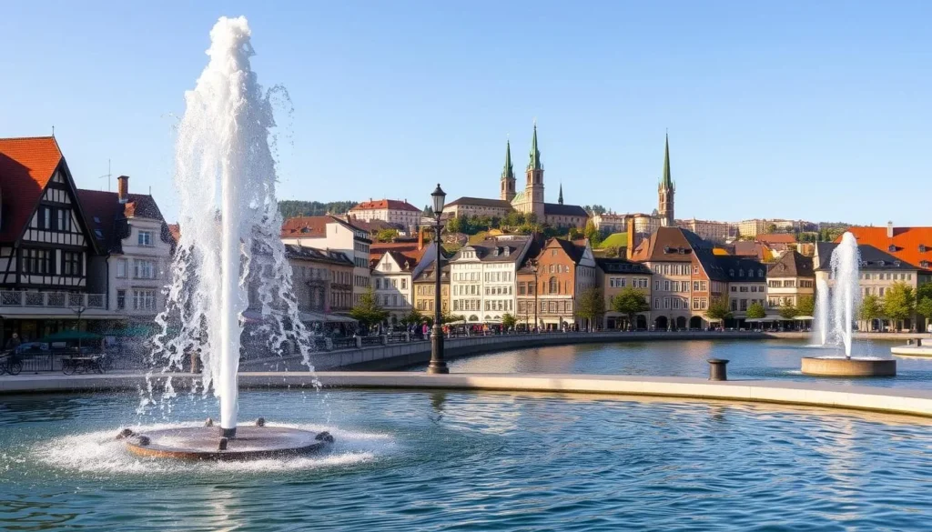 A picturesque scene of the iconic Basel fountains on a pleasant day. In the foreground, a majestic water fountain jets upwards, its crystalline streams catching the warm sunlight. The middle ground features a charming promenade lined with quaint buildings, their facades adorned with intricate architectural details. In the background, the historic cityscape of Basel rises, its steeples and towers creating a captivating skyline. The overall atmosphere is one of tranquility and timeless beauty, inviting the viewer to immerse themselves in the unique character of this Swiss city.