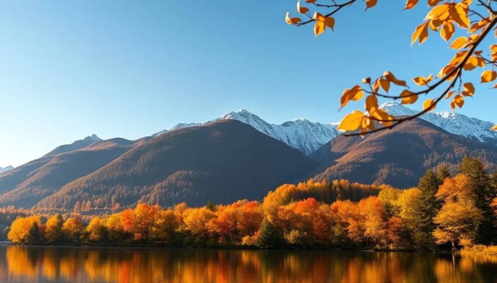 A picturesque scene of the natural wonders surrounding Neuchâtel, Switzerland. In the foreground, a serene lake reflects the vibrant hues of the autumn foliage lining its shores. Towering mountain peaks rise majestically in the background, their snow-capped summits glistening under the warm, golden sunlight. A gentle breeze rustles the leaves, creating a tranquil, almost ethereal atmosphere. The image is captured through a wide-angle lens, showcasing the stunning panoramic vista of this breathtaking alpine landscape.
