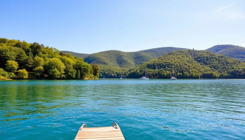 A picturesque scene of the pristine Lake of the Ozarks, Missouri, on a bright, sunny day. The tranquil waters reflect the lush, verdant shoreline adorned with towering trees and undulating hills. In the foreground, a small wooden dock extends into the shimmering lake, inviting visitors to dip their toes or cast a line. The middle ground features a few boats gently bobbing on the calm surface, their hulls mirrored in the clear, turquoise water. The background showcases the rolling, tree-covered hills that define the lake's scenic landscape, bathed in warm, golden light. An atmosphere of serenity and natural beauty, capturing the essence of the Ozarks' hidden gem.