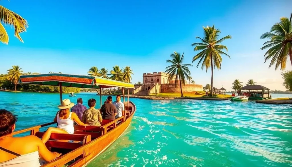 A picturesque scene of transportation in the vibrant town of Bacalar, Mexico. A charming wooden boat with a colorful canopy glides across the serene turquoise waters of the Laguna de Bacalar, surrounded by lush palm trees and a clear blue sky. In the foreground, a group of locals and tourists enjoy a leisurely boat ride, taking in the stunning natural beauty. The warm, golden sunlight illuminates the scene, creating a tranquil and inviting atmosphere. In the background, the historic Fort of San Felipe stands as a testament to the town's rich history. The overall image captures the essence of getting around Bacalar - a peaceful, scenic, and authentically Mexican experience.
