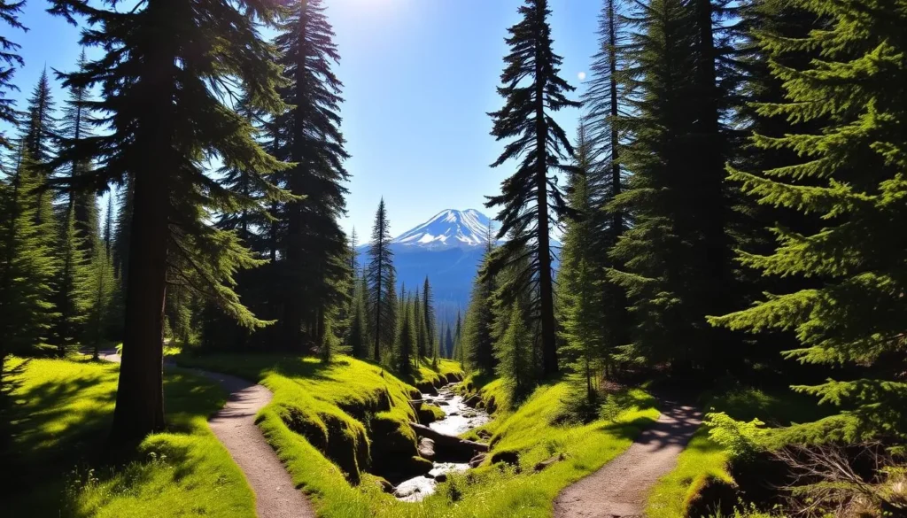 A picturesque scene of winding hiking trails through a lush, verdant forest on the slopes of Mount Hood, Oregon. Sunlight filters through the canopy, casting a warm glow on the well-trodden paths that meander between towering evergreen trees. In the middle distance, a gentle stream crosses the trail, its clear waters sparkling. The background features the majestic silhouette of Mount Hood, its snow-capped peak rising majestically against a clear, azure sky. The overall atmosphere is one of tranquility and natural splendor, inviting the viewer to embark on an invigorating outdoor adventure.