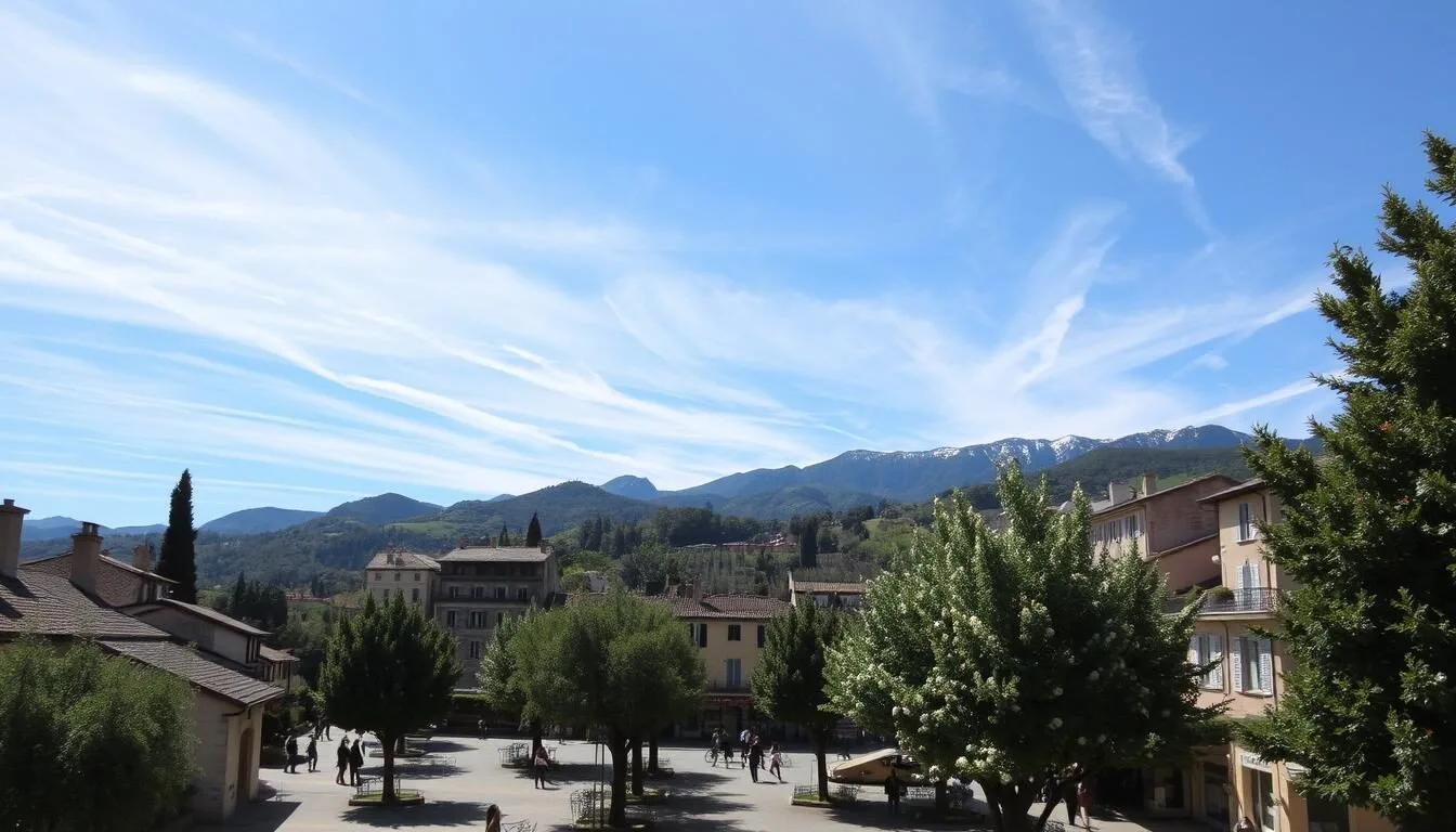 A picturesque scene showcasing the idyllic weather of Grasse, France. A sunny day with wispy clouds drifting across a vibrant blue sky. In the foreground, a quaint town square with charming buildings and cobblestone streets, people strolling leisurely. Lush, verdant trees and blooming flowers line the plaza, infusing the air with a gentle floral aroma. In the middle ground, rolling hills dotted with olive groves and vineyards, their leaves rustling softly in the warm breeze. The background features the majestic French Alps, their snow-capped peaks glistening in the golden sunlight. An atmosphere of tranquility and natural beauty, capturing the ideal conditions for a weather-savvy trip to Grasse.