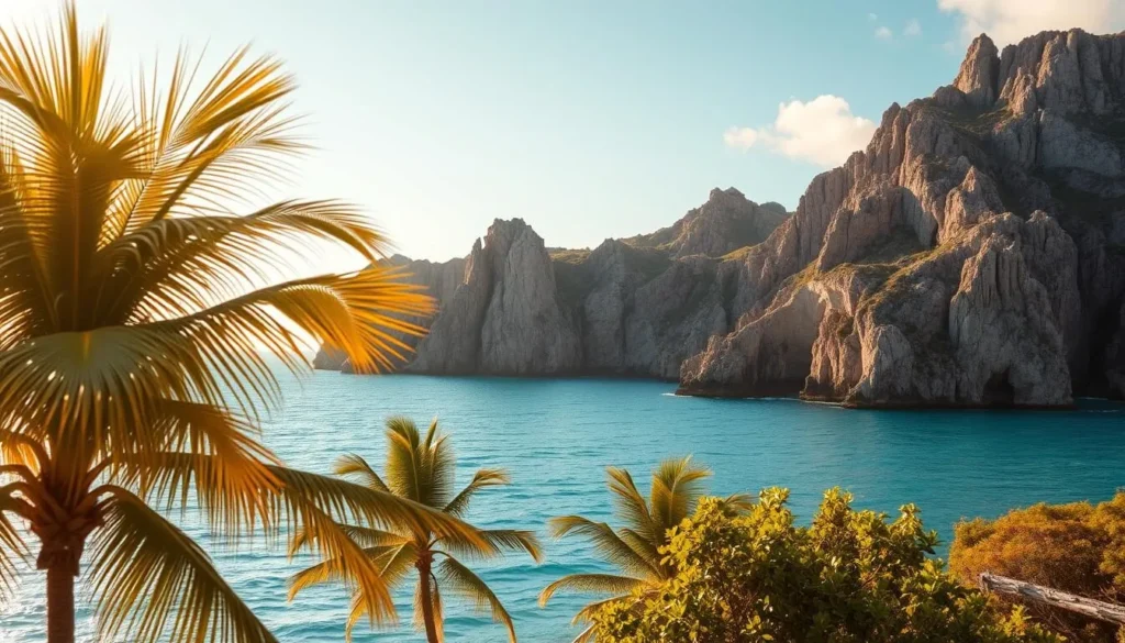 A picturesque seaside landscape in Palau, illuminated by warm golden sunlight. In the foreground, gently swaying palm trees dance with the steady ocean breeze. The middle ground showcases the calm, azure waters of the Pacific, rippling with the seasonal trade winds. In the background, rugged limestone cliffs rise majestically, their surfaces sculpted by the powerful gusts that sweep across the island. The scene conveys a sense of tranquility and natural harmony, reflecting the seasonal wind patterns that define Palau's unique weather patterns.