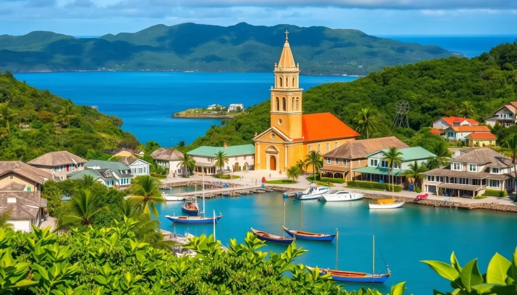 A picturesque seaside village nestled among lush hills, Rikitea on Mangareva Island radiates a tranquil, timeless charm. Capture the quaint pastel-colored houses with thatched roofs lining the winding streets, their facades framed by vibrant tropical foliage. In the foreground, focus on the bustling harbor, where traditional outrigger canoes bob gently in the calm azure waters. In the middle ground, the towering bell tower of the Catholic cathedral stands as a prominent landmark, its warm stone facade aglow in the soft natural lighting. Sweeping views of the verdant hills and distant blue Pacific Ocean form the breathtaking backdrop, conveying the island's serene, idyllic atmosphere.