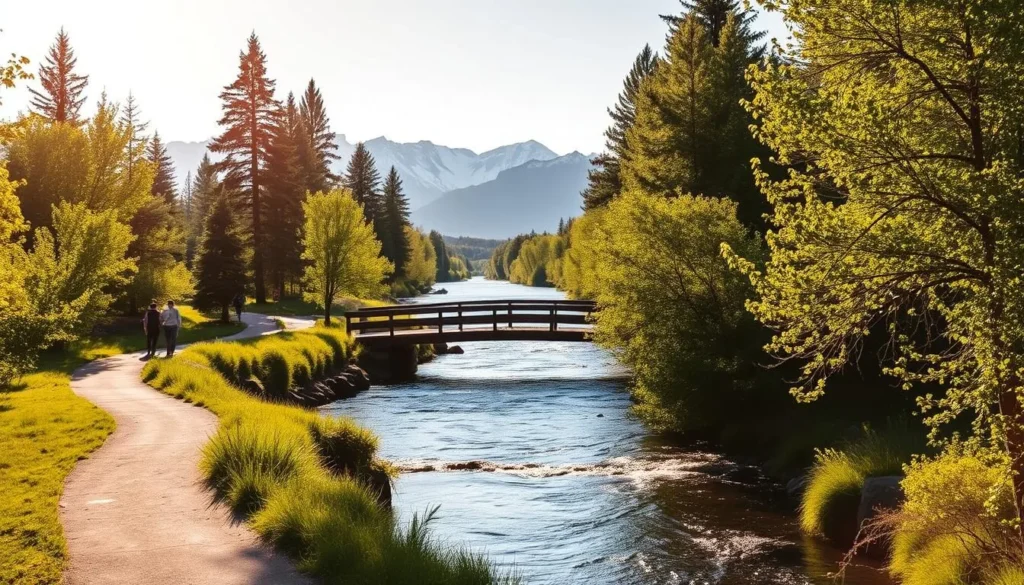A picturesque section of the Deschutes River Trail in Bend, Oregon's Old Mill District. The trail winds along the banks of the serene river, surrounded by lush, verdant foliage. In the foreground, a winding path leads hikers and cyclists towards a quaint wooden bridge spanning the river. The middle ground features the tranquil waters of the Deschutes, with the gentle current and sunlight dancing on the surface. In the background, the towering, snow-capped peaks of the Cascade Mountains provide a stunning natural backdrop. The scene is bathed in warm, golden sunlight, creating a serene and inviting atmosphere perfect for a leisurely stroll or bike ride.