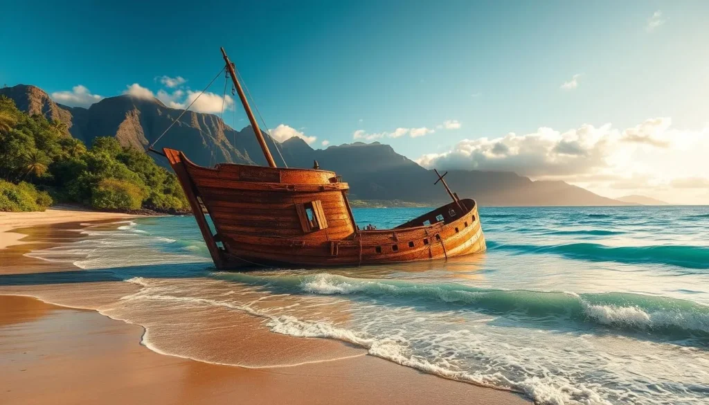 A picturesque shipwreck lies abandoned on a tranquil Hawaiian beach, its rusted hull partially submerged in the gentle waves. The warm, golden sunlight casts a serene glow over the weathered timbers, contrasting with the lush, verdant foliage that frames the scene. In the distance, majestic mountains rise up, their peaks shrouded in wispy clouds. The crystal-clear turquoise waters lap softly against the fine, sandy shore, creating a calming, meditative atmosphere. A sense of history and mystery permeates the air, inviting the viewer to imagine the stories hidden within the weathered wreckage.