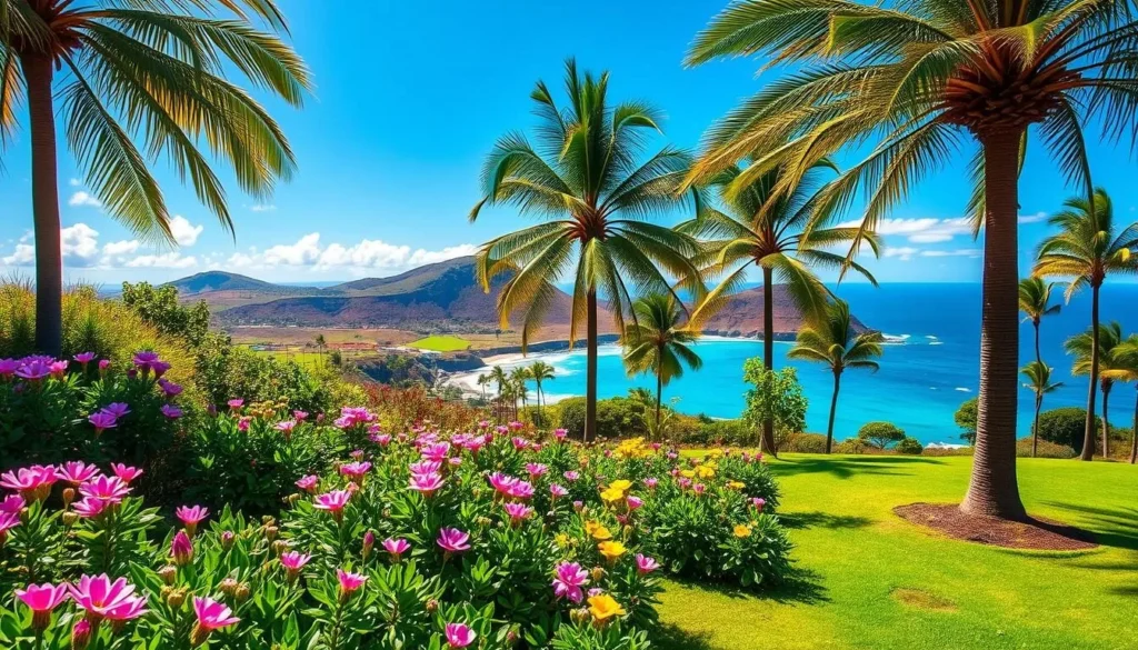 A picturesque spring day on Norfolk Island, with a vibrant green landscape bathed in warm, golden sunlight. In the foreground, a lush garden bursting with blooming flowers in shades of pink, purple, and yellow. Tall palm trees sway gently in a light breeze, casting dappled shadows on the well-manicured grounds. In the middle ground, a glimpse of the island's rolling hills and dramatic coastline, with the turquoise waters of the South Pacific sparkling in the distance. The scene conveys a sense of tranquility and natural beauty, perfectly capturing the essence of spring on this remote and enchanting island.