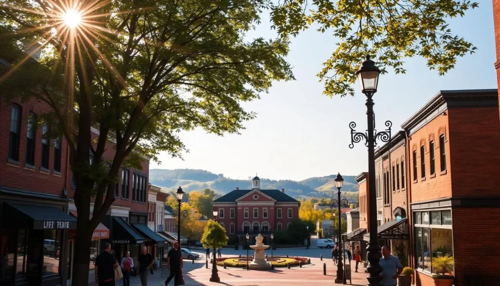 A picturesque streetscape in historic Cambridge, Ohio, showcasing its charming Victorian-era architecture. Sunlight filters through the lush trees, casting warm, golden hues across the brick buildings and wrought-iron lampposts. In the foreground, people stroll along the sidewalks, admiring the quaint storefronts and local businesses. The middle ground features a classic town square, with a stately courthouse at its center, surrounded by a vibrant mix of shops and cafes. In the background, rolling hills and a cloudless sky create a serene, bucolic atmosphere, evoking the town's timeless appeal and small-town character.