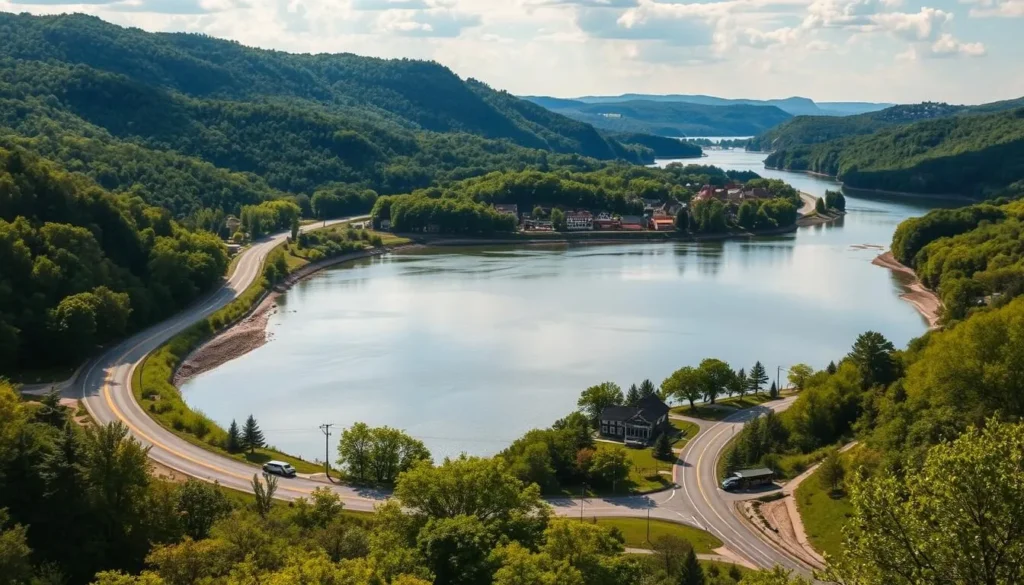 A picturesque stretch of the Great River Road in Illinois, winding along the banks of the mighty Mississippi River. Lush, rolling hills and verdant forests frame the scenic route, casting gentle shadows across the tranquil waters. Sunlight filters through the canopy, illuminating the charming historic towns and quaint river overlooks that dot the landscape. Capture the serene beauty of this iconic American byway, with its charming blend of natural splendor and small-town Americana. Utilize a wide, panoramic lens to showcase the grandeur of the setting, highlighting the harmonious coexistence of land and river.