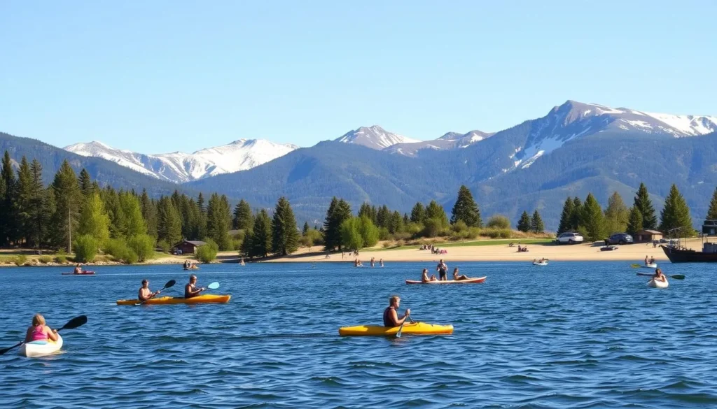 A picturesque summer scene at Donner Lake, California. In the foreground, people kayak and paddleboard on the serene blue waters, while in the middle ground, families relax on the sandy beach under the warm sun. The background features the majestic Sierra Nevada mountains, their snow-capped peaks reflecting in the lake. Lush green trees line the shoreline, creating a verdant and tranquil atmosphere. Warm, golden lighting illuminates the scene, evoking a sense of leisure and outdoor adventure. A wide-angle lens captures the expansive landscape, inviting the viewer to immerse themselves in the idyllic summertime activities at this picturesque California destination.