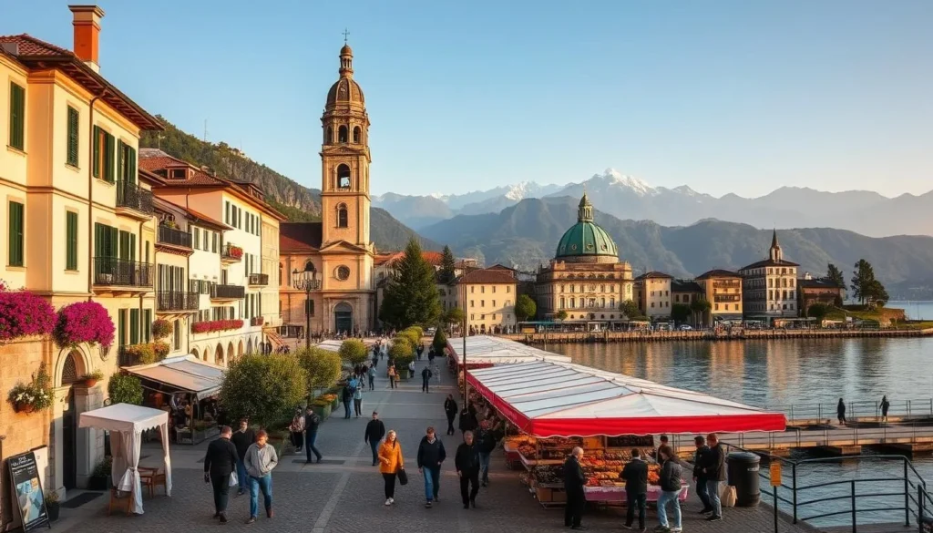 A picturesque town nestled along the serene shores of Lake Maggiore, Locarno offers a charming Swiss ambiance. Capture the town's historic architecture bathed in warm, golden sunlight, with quaint cobblestone streets and vibrant flower-lined promenades leading to the tranquil lakefront. Showcase the signature belltower of the Collegiate Church of San Vittore, its ornate façade mirrored in the calm waters. In the foreground, stroll through a lively outdoor market, with locals and visitors browsing an array of local wares and delicacies. In the distance, the majestic Swiss Alps rise, their snow-capped peaks framing the idyllic scene. Convey a sense of serene beauty and timeless allure that embodies the essence of the Swiss side of Lake Maggiore.
