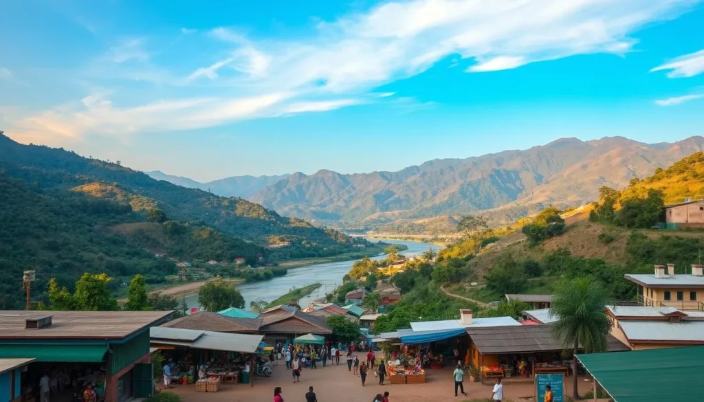 A picturesque town nestled amidst lush, rolling hills, Abakaliki hidden gem radiates an air of tranquility. In the foreground, a quaint marketplace bustles with activity, its vibrant stalls offering a bounty of local crafts and produce. The middle ground reveals a winding river, its gentle waters reflecting the surrounding greenery. In the background, majestic mountains rise, their peaks bathed in warm, golden light, creating a serene and inviting atmosphere. The scene is captured through a wide-angle lens, emphasizing the expansive, pastoral beauty of this untouched corner of Nigeria. An idyllic, picturesque day showcases Abakaliki's natural charm and untapped potential as a tourist destination.