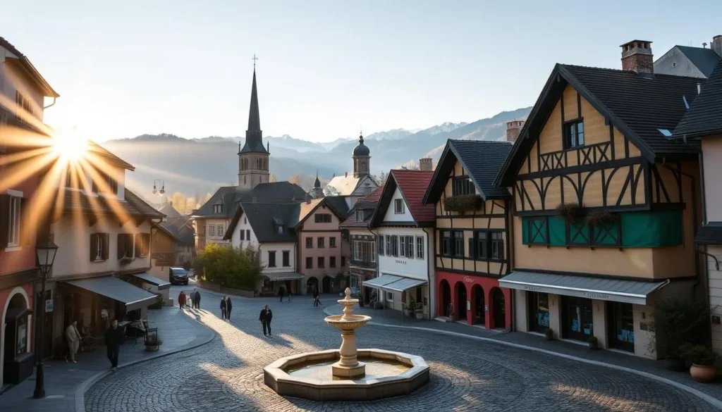 A picturesque town nestled in the rolling hills of the Jura region, Switzerland. Warm sunlight filters through the charming buildings, casting a golden glow over the cobblestone streets. In the foreground, a quaint town square with a central fountain and locals strolling by. In the middle ground, traditional Swiss-style chalets and churches with pointed roofs and ornate details. The background features the majestic Jura mountains, their peaks capped with snow. The scene exudes a sense of tranquility and timeless beauty, inviting the viewer to explore the natural wonders and cultural richness of this captivating corner of Switzerland.