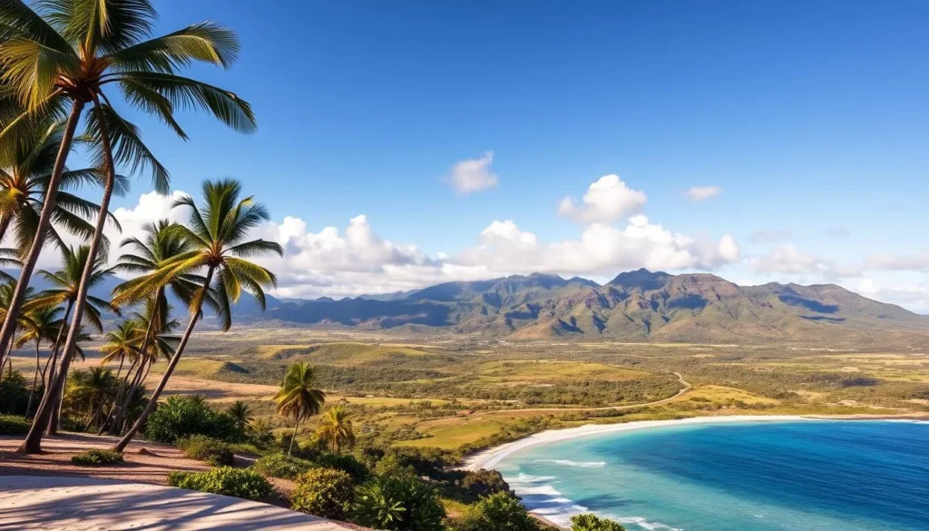 A picturesque tropical landscape on the island of Molokai, Hawaii. In the foreground, a pristine white-sand beach leads to crystal-clear turquoise waters. Tall palm trees sway gently in the warm breeze, casting soft shadows across the shore. In the middle ground, lush green hills and valleys stretch out, with trails winding through the verdant terrain. The background is dominated by majestic volcanic peaks, their rugged silhouettes etched against a brilliant azure sky dotted with fluffy white clouds. The scene is bathed in the warm, golden glow of the sun, creating a serene and inviting atmosphere perfect for planning an unforgettable Molokai adventure.