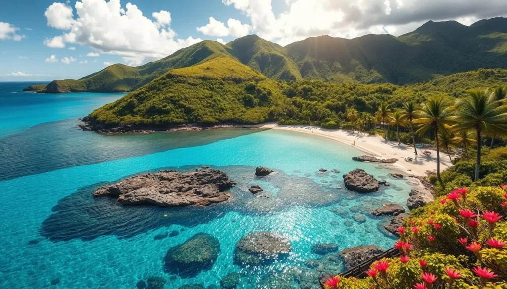 A picturesque tropical paradise nestled in the South Pacific, the Tonga islands shimmer under a golden sun. Lush, verdant hills rise from crystal-clear turquoise waters, fringed by swaying palm trees and pristine white-sand beaches. Idyllic coves and tranquil lagoons beckon for exploration, while offshore, vibrant coral reefs teeming with marine life await intrepid snorkelers. The warm, gentle breeze carries the scent of exotic blooms, creating a serene, idyllic atmosphere. Capture this paradise in natural, high-resolution detail, with a focus on the breathtaking landscapes and vibrant, sun-dappled scenery that defines Tonga's tropical splendor.