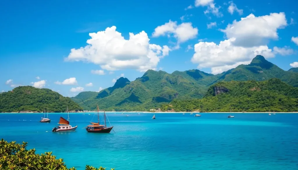 A picturesque tropical paradise, the Con Dao Islands rise from the azure waters of the South China Sea. Verdant hills and pristine beaches stretch out before a sapphire sky, dotted with fluffy white clouds. In the foreground, a crystalline cove shelters a fleet of traditional fishing boats, their colorful sails billowing gently in the warm breeze. Farther out, the rugged, jungle-clad slopes of the islands' interior come into view, their jagged peaks casting dramatic shadows across the landscape. Sunlight filters through the canopy, illuminating the lush, diverse foliage and casting a warm, golden glow over the entire scene. This is the Con Dao Archipelago, a true tropical paradise waiting to be discovered.