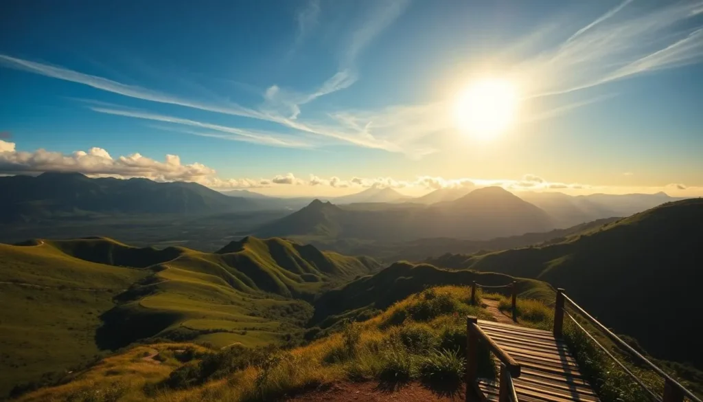 A picturesque valley lookout in Hawaii, with lush green hills and towering volcanic peaks in the distance. The sun casts a warm, golden glow over the scene, illuminating the winding trails that lead up to the viewpoint. In the foreground, a wooden observation deck offers a panoramic vista of the island's natural splendor. Wispy clouds drift across a deep blue sky, creating a serene and tranquil atmosphere. The camera captures this breathtaking landscape from a slightly elevated angle, highlighting the depth and scale of the valley below. This idyllic scene perfectly encapsulates the beauty and wonder of Hawaii's outdoor adventures.
