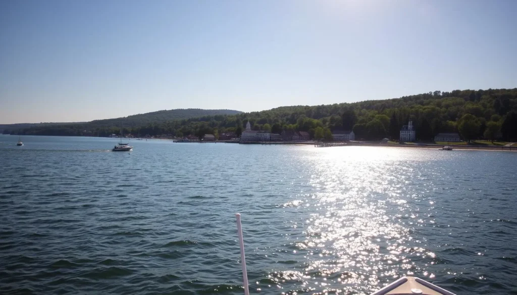 A picturesque view of Port Clinton Lake Erie on a bright, sunny day. In the foreground, the calm, glistening waters of the lake stretch out, with a few small boats dotting the surface. The middle ground features the quaint, charming town of Port Clinton, with its historic buildings and docks lining the shoreline. In the background, the rolling hills and lush green trees create a serene, natural backdrop. The scene is bathed in warm, golden light, casting a peaceful, tranquil atmosphere over the entire landscape. Capture the essence of the "Walleye Capital of the World" with this idyllic, photorealistic depiction.
