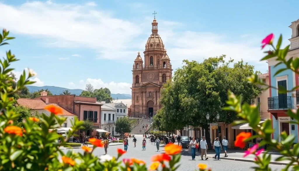 A picturesque view of Tlaxcala, Mexico on a sunny day. The historic city center comes into focus, with its colonial-era buildings and cobblestone streets. In the foreground, lush greenery and vibrant flowers frame the scene, inviting the viewer to step into this charming, vibrant town. The middle ground showcases the iconic Catedral de Nuestra Señora de la Asunción, its towering baroque façade rising majestically against a clear blue sky. Scattered throughout the image, local residents and visitors stroll leisurely, evoking a sense of tranquility and authenticity. Captured with a wide-angle lens, the composition highlights Tlaxcala's well-preserved architecture and its picturesque natural setting, making it a must-visit destination in Mexico.