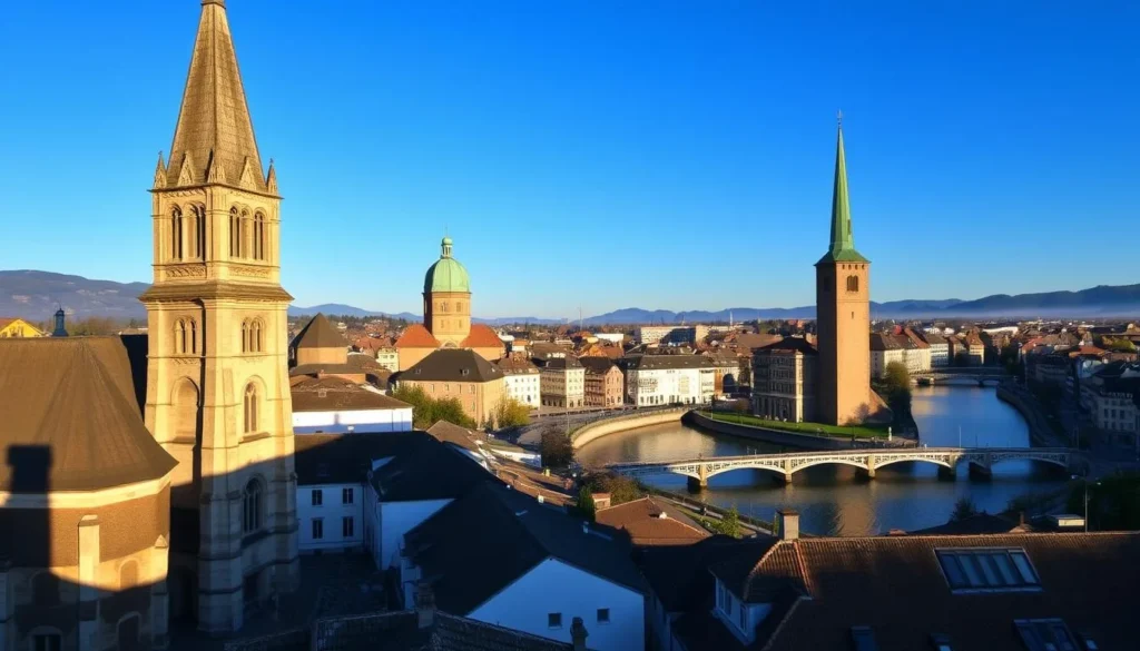 A picturesque view of Zurich's old town, with its iconic churches standing tall against a clear blue sky. In the foreground, the striking towers of the Grossmünster Church, its Romanesque architecture casting long shadows across the cobblestone streets. In the middle ground, the Fraumünster Church's distinctive green cupola and slender spire, reflecting the city's medieval heritage. In the background, the serene Limmat River winds its way through the historic district, surrounded by the charming buildings and pedestrian bridges that have defined Zurich's skyline for centuries. Soft, warm lighting illuminates the scene, creating a peaceful, timeless atmosphere that captures the essence of this picturesque Swiss city.