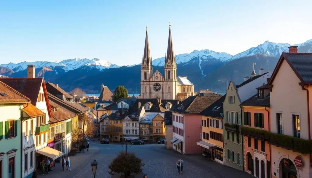 A picturesque view of historic Chur, Switzerland's oldest city, bathed in warm, golden sunlight. In the foreground, cobblestone streets wind through a charming Old Town, with colorful buildings and quaint shops lining the narrow lanes. The middle ground features the iconic Chur Cathedral, its towering spires and ornate facade rising majestically against a clear, azure sky. In the background, snow-capped peaks of the Swiss Alps loom, creating a breathtaking natural backdrop. Capture the timeless essence of this ancient city, where the past and present seamlessly intertwine.