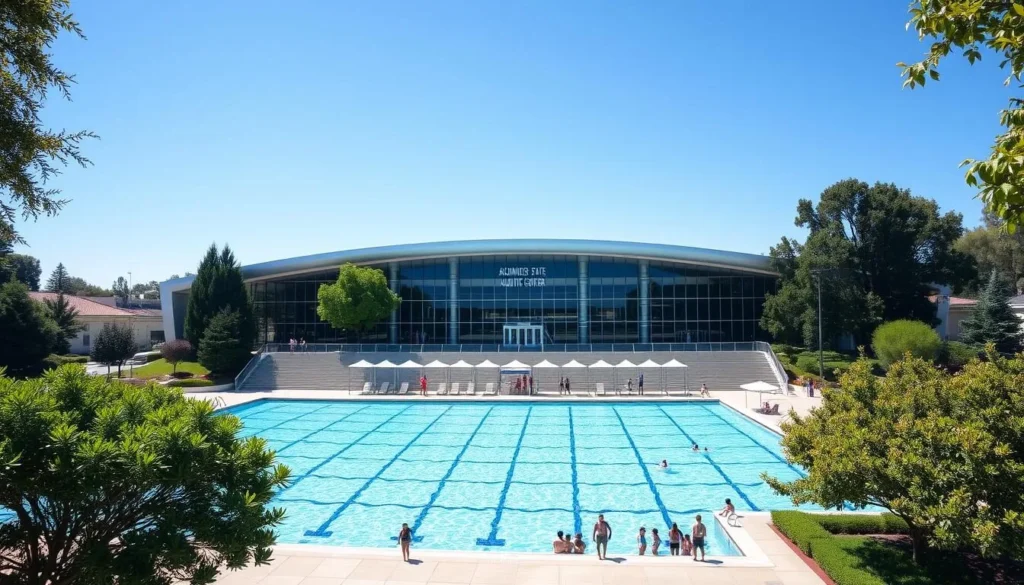 A picturesque view of the Sacramento State Aquatic Center on a bright, sunny day. The modern, sleek architecture of the center stands in contrast to the serene, azure waters of the outdoor Olympic-sized swimming pool in the foreground. People can be seen enjoying the facilities, swimming laps or simply relaxing poolside. The center is surrounded by lush, verdant trees and landscaping, creating a tranquil, natural setting. Capture the scene with a wide-angle lens to showcase the impressive scale and elegant design of the aquatic center, set against the backdrop of a clear, blue sky.