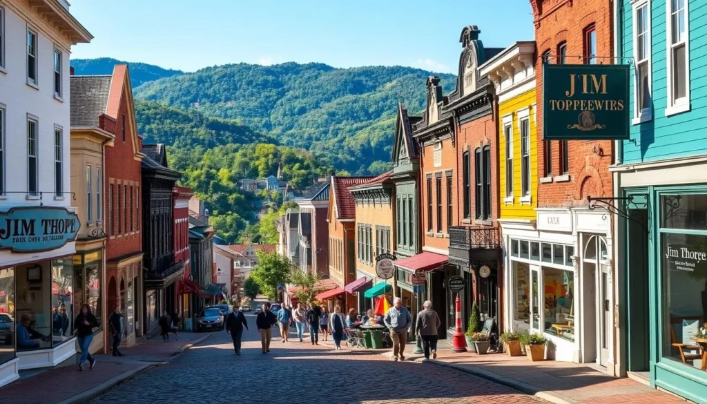 A picturesque view of the charming downtown area of Jim Thorpe, Pennsylvania on a pleasant day. In the foreground, cobblestone streets are lined with quaint Victorian-style buildings, their colorful facades and intricate architectural details creating a warm, inviting atmosphere. In the middle ground, people stroll along the sidewalks, browsing boutique shops and cafes. The background is dominated by lush, rolling hills and the Lehigh Gorge, creating a serene, picturesque setting. The scene is illuminated by natural, warm lighting, capturing the town's historic character and scenic beauty. Capture the essence of this charming, walkable downtown, perfect for planning a visit to this vibrant, picturesque Pennsylvania town.