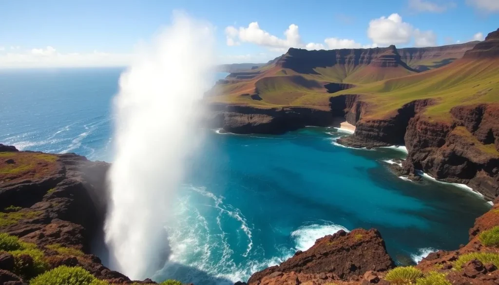 A picturesque view of the famous Nakalele Blowhole in Maui, Hawaii. A dramatic coastal landscape with towering cliffs and a crystal-clear azure ocean. In the foreground, the powerful blowhole erupts, sending plumes of water and mist high into the air, creating a mesmerizing display. The sun casts a warm, golden glow, illuminating the surrounding lush greenery and rugged terrain. A serene and tranquil atmosphere, perfect for a day of exploration and appreciation of this natural wonder. Captured with a wide-angle lens to emphasize the grandeur of the scene, the image conveys the sense of awe and wonder that visitors experience when witnessing the Nakalele Blowhole.