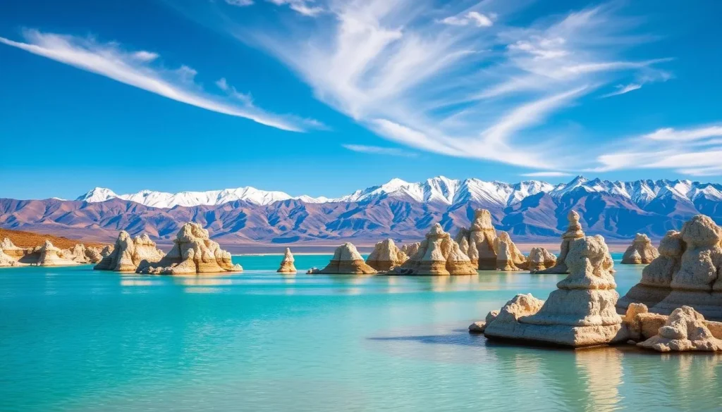 A picturesque view of the iconic Mono Lake, situated in the heart of the Mono Basin, California. The serene, turquoise waters reflect the dramatic tufas - otherworldly limestone formations that rise from the lake's surface. In the distance, the snow-capped peaks of the Sierra Nevada mountains form a majestic backdrop, bathed in warm, golden sunlight. Wisps of clouds drift lazily overhead, casting soft shadows upon the tranquil scene. The overall atmosphere is one of natural wonder and serene beauty, perfectly capturing the essence of this unique and captivating landscape.