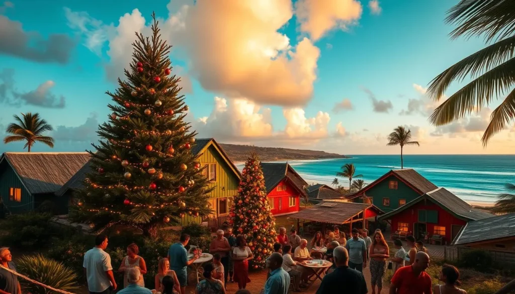 A picturesque village in Niue, nestled under a cloudless sky, adorned with twinkling fairy lights and festive decorations. In the foreground, local residents gather around a towering Christmas tree, exchanging gifts and sharing laughter. The middle ground showcases colorful wooden houses with thatched roofs, their windows glowing warmly. In the background, a stunning coastal landscape unfolds, with turquoise waters lapping against pristine white-sand beaches. The scene is bathed in a warm, golden light, evoking a sense of joy and community during the holiday season on this remote South Pacific island paradise.