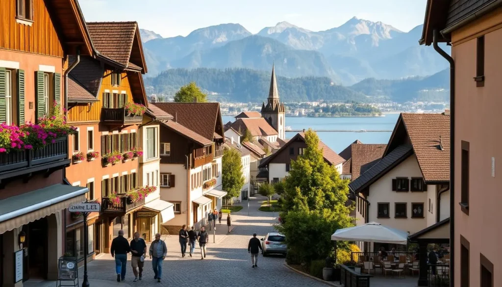 A picturesque village nestled along the shores of Lake Thun, with charming wooden chalets and cobblestone streets. Vibrant flower boxes adorn the balconies, complementing the traditional architecture. In the foreground, locals stroll leisurely, enjoying the warm summer day. The middle ground features a quaint town square, with a historic church spire rising in the distance. The background showcases the serene lake, surrounded by rolling hills and the majestic Swiss Alps, bathed in soft, golden light. Capture the tranquil atmosphere and the harmony between the natural and built environments.