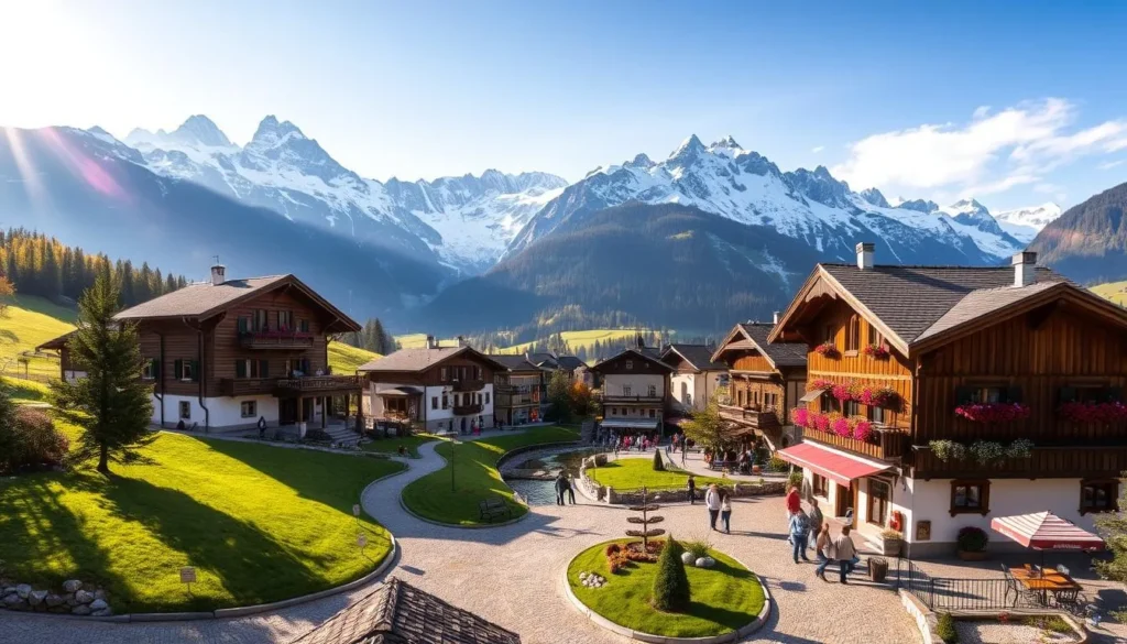 A picturesque village nestled amidst the majestic Swiss Alps, its quaint chalets with charming wooden balconies and flower-filled window boxes, surrounded by lush meadows and towering snow-capped peaks. The soft, warm light of the afternoon sun bathes the scene, casting gentle shadows and highlighting the vibrant colors of the traditional architecture. Winding cobblestone streets lead to a central square, where locals and visitors mingle, creating a sense of timeless Alpine tranquility. In the distance, a babbling brook reflects the azure sky, completing the idyllic, serene landscape of Parc Ela.