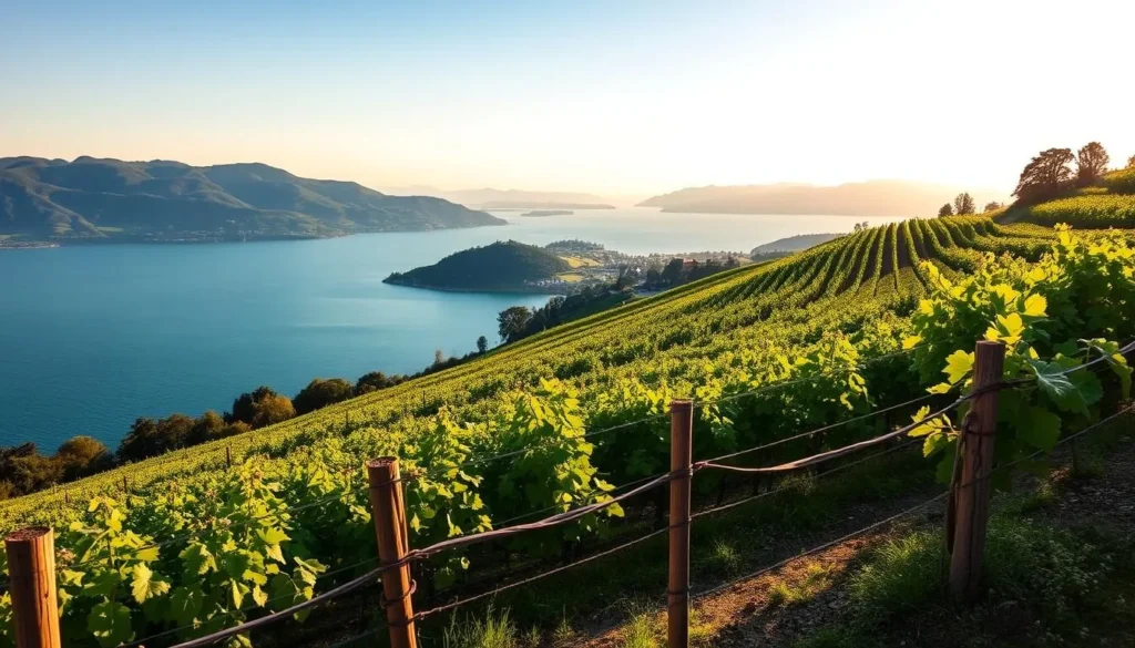 A picturesque vineyard nestled along the serene shores of Lake Constance, Switzerland. Lush green vines cascade down the gently sloping hillside, bathed in the warm glow of the afternoon sun. In the distance, the deep blue waters of the lake glisten, framed by the rolling green hills and the distant snow-capped peaks of the Alps. A weathered wooden fence meanders through the vineyard, lending a rustic charm to the scene. The air is filled with the heady aroma of ripening grapes, inviting visitors to savor the bounty of this enchanting region. A tranquil and idyllic landscape, perfectly suited for wine and food lovers to immerse themselves in the natural beauty and rich viticultural heritage of Lake Constance.