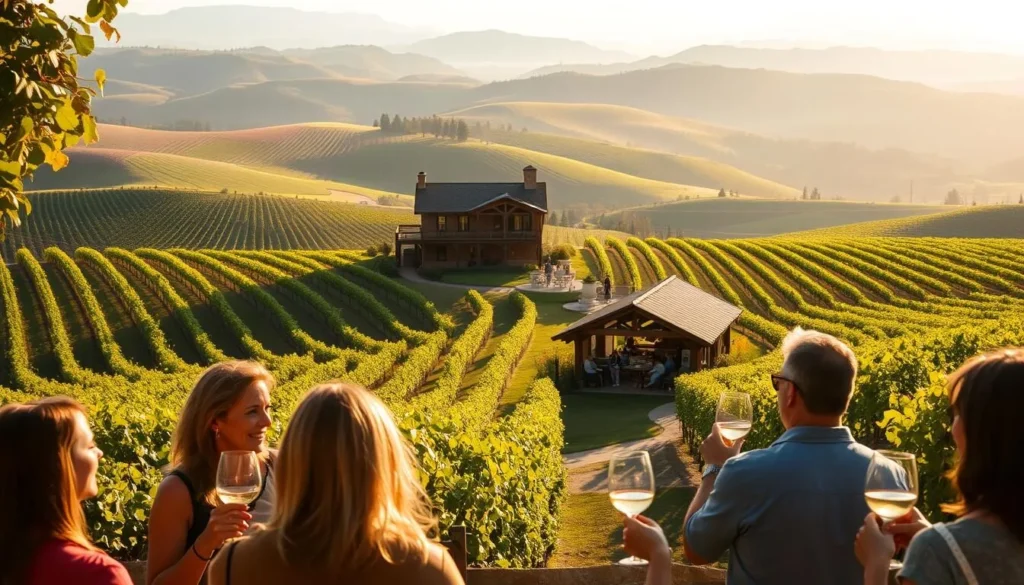 A picturesque vineyard scene in Temecula, California, showcasing the tasting experience. In the foreground, a group of friends enjoying glasses of wine, swirling and sipping, against a backdrop of lush, rolling hills dotted with rows of grapevines. Warm, golden sunlight filters through the leaves, casting a soft, inviting glow over the scene. In the middle ground, a rustic, charming winery building with a patio, where other guests are gathered, taking in the stunning vistas. The background features the distant, hazy silhouettes of more vineyards, creating a sense of depth and tranquility. The overall atmosphere is one of relaxation, conviviality, and the appreciation of fine wine amidst a picturesque, pastoral setting.