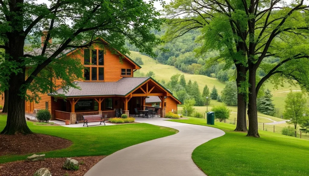A picturesque visitor center nestled amidst the lush greenery of Onondaga Cave State Park, Missouri. The two-story building boasts a warm, rustic aesthetic with wooden accents and large windows that flood the interior with natural light. A covered porch invites visitors to pause and admire the serene landscape, where rolling hills and towering trees create a tranquil setting. In the foreground, a winding path leads toward the entrance, flanked by well-maintained landscaping and inviting benches. The overall scene conveys a welcoming and peaceful atmosphere, perfectly complementing the natural beauty of the park.