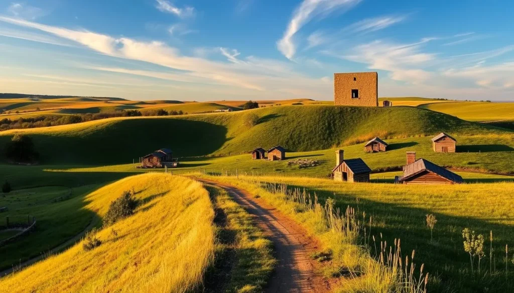 A picturesque vista of Fort Abraham Lincoln State Park, North Dakota, nestled amidst rolling hills and lush greenery. The iconic blockhouse stands tall, its weathered stone walls casting long shadows in the warm, afternoon sunlight. In the foreground, a well-trodden trail winds through the park, inviting visitors to explore the historic grounds. Scattered across the landscape, the remains of the former military outpost, including officer's quarters and other structures, offer a glimpse into the region's storied past. Wispy clouds drift overhead, adding to the serene, tranquil atmosphere of this cherished historical destination.