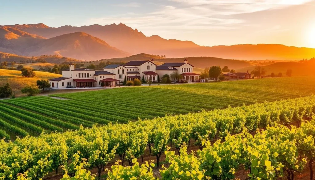 A picturesque vista of Paso Robles Wine Country, bathed in the warm glow of a golden afternoon sun. In the foreground, neat rows of grapevines stretch across rolling hills, their lush foliage swaying gently in a gentle breeze. In the middle ground, charming family-owned wineries with rustic, Mediterranean-inspired architecture stand amidst the vineyards, their tasting rooms and patios beckoning visitors to sample the region's renowned wines. The background is dominated by the majestic, craggy peaks of the Santa Lucia mountain range, their slopes covered in a tapestry of oak trees and chaparral. The overall scene exudes a sense of tranquility, inviting the viewer to immerse themselves in the serene beauty and rich winemaking heritage of this picturesque California wine region.