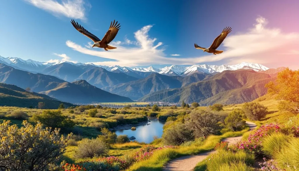 A picturesque vista of the Tehachapi Mountains, showcasing the abundant wildlife viewing opportunities. In the foreground, a well-maintained hiking trail winds through a lush, verdant landscape, dotted with vibrant wildflowers. In the middle ground, a peaceful stream meanders, its crystal-clear waters reflecting the surrounding peaks. Majestic golden eagles soar gracefully overhead, while colorful songbirds dart amongst the dense foliage. The background is dominated by the imposing, snow-capped mountain ranges, bathed in warm, golden sunlight that filters through wispy, ethereal clouds. The scene exudes a sense of tranquility and awe, inviting nature enthusiasts to immerse themselves in the serene beauty of the Tehachapi wilderness.